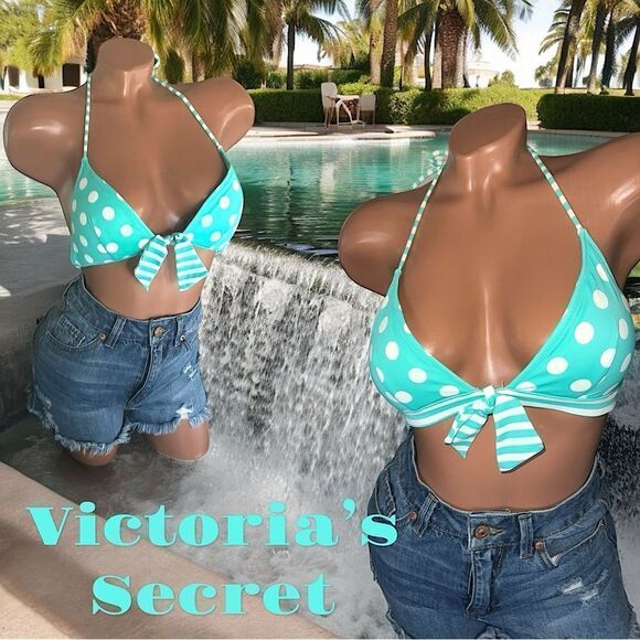 VS Swimwear l Turquoise & White Polka-dotted Bikini Top l Tie Back l SP l EUC - Picture 1 of 9